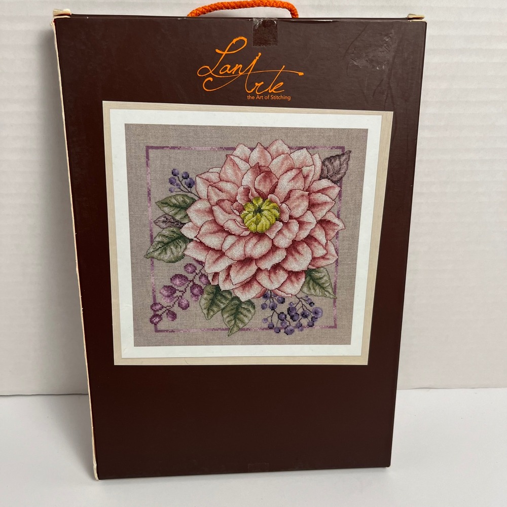 Lanarte Blooming Blush Pink Dahlia Cross Stitch Kit 33x33cm Linen DMC PN-0149425